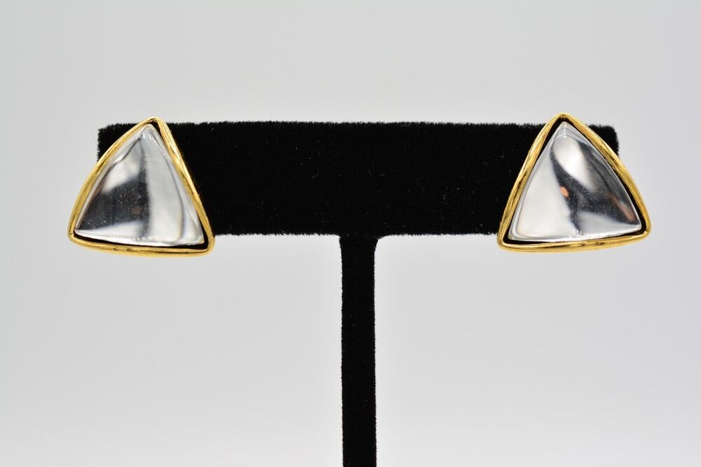 Vintage Cabochon Earrings Clear Lucite Mirrored Triangle Gold Tone 1990s BinAF